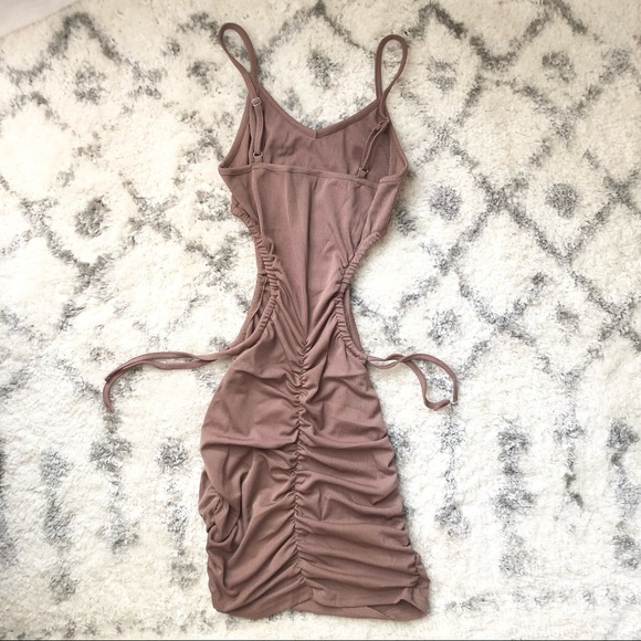 Ribbed V-Neck Waist Side Cutout Tie Ruched Slinky Bodycon Mini Dress Coffee S - Picture 13 of 15